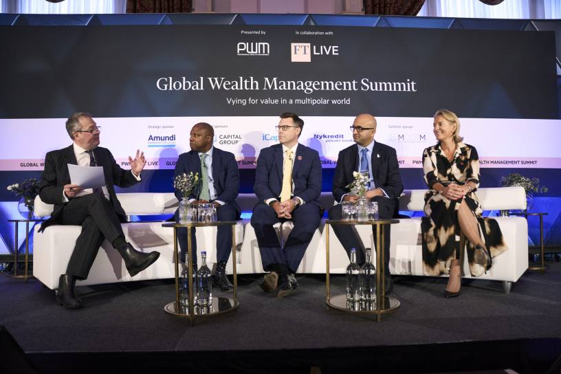 The FT’s Matthew Vincent onstage at the Global Wealth Management Summit with Scott Ford from US Bank Wealth Management, Stuart Cummins from Nedbank Private Wealth, Deutsche Bank’s Arjun Nagarkatti and Sasha Wiggins from Barclays
